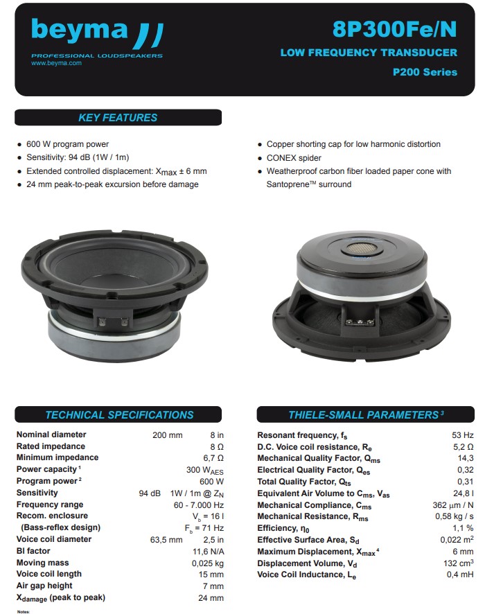 beyma 8인치 300W 8P300Fe/N --323223115